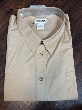 KingSize NWT Beige Solid Point Collar Short Sleeve Button Front Dress Shirt 5XL